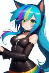 1girls ai_generated animal_ears blush cat_headphones cum cum_in_mouth cum_on_breasts cum_on_face looking_at_viewer medium_breasts rainbow_hair sole_female tight_clothing