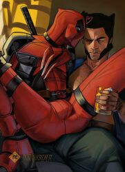 2boys alcohol bara beard blood bulge chest_hair chichett clothing color costume cuddling deadpool digital_media_(artwork) drunk gay gay_male hairy james_howlett latex male male_only marvel marvel_comics molestation muscular rubbing sitting sitting_on_person softcore wade_wilson wolverine_(x-men) x-men yaoi