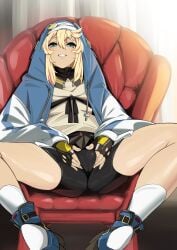 1boy absurdres aqua_eyes ass bike_shorts bike_shorts_under_skirt black_gloves blonde_hair bridget bulge chair comiket_102 commentary_request covered_testicles femboy fingerless_gloves gloves guilty_gear guilty_gear_strive habit highres hood hood_up hooded_jacket jacket long_sleeves looking_at_viewer medium_hair sitting smile solo str-natural teeth