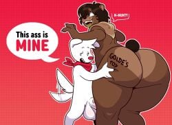 2023 anthro ass balls bandana bear bent_over big_balls big_butt body_writing brown_body brown_ears brown_fur brown_hair brown_nose brown_tail brown_tuft butt_grab canid canine canis claws digital_media_(artwork) domestic_dog duo english_text fur genitals golde golde_(golde) goldeneyensfw green_eyes hair hair_over_eye half-closed_eyes hand_on_butt kerchief male mammal motion_lines multicolored_body multicolored_fur narrowed_eyes neck_tuft one_eye_obstructed penis red_background red_bandanna red_kerchief red_nose sharp_teeth short_tail simple_background speech_bubble standing tail tail_motion tailwag teeth text thick_thighs tongue tuft two_tone_body two_tone_fur vein veiny_penis white_body white_ears white_fur white_hair white_tail writing_on_butt