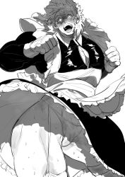 accidental_exposure blush cleavage cleavage_cutout crossdressing embarrassed fully_clothed garter_straps kengan_(series) kengan_ashura maid maid_headdress maid_uniform male male_only monochrome mullet muscular muscular_male panties pixiv_id_10482186 rihito solo sweat thick_thighs thighhighs upskirt