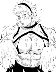 ? bara big_pecs bikini_top bitch_bara blush cheerleader cheerleader_uniform crossdressing hairband kengan_(series) kengan_ashura looking_at_viewer male male_only micro_bikini monochrome mullet muscular muscular_male pecs pixiv_id_10482186 pom_poms rihito sketch solo sweat upper_body