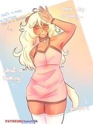 1boy bulge bulge_through_clothing dark-skinned_male dark_skin dialogue dress english_text erection erection_under_clothes femboy long_hair male male_only morning original sleeping sleepy solo stockings text thick_thighs thighhighs thighs twist04 virtual_youtuber vtuber vtuberfanart wake_up