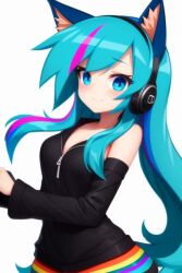 1girls ai_generated animal_ears blush cat_headphones jacket looking_at_viewer medium_breasts rainbow_hair sole_female