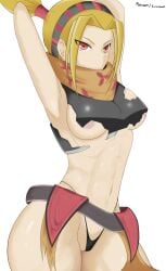 abs armor armpits blonde_female blonde_hair blonde_hair damaged_armor damaged_clothes dummyseven g-string overlord_(maruyama) partially_visible_nipples red_eyes solo tina_(overlord)