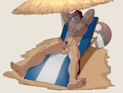 1boy abs armpit_hair armpits arms_behind_head balls beach_ball beach_chair beach_umbrella brown_hair cap cap_only deck_chair erection eyes_closed gay golewdgo male male_only muscular_arms muscular_male muscular_thighs pecs pokeball pokemon pokemon_adventures pubic_hair red_(pokemon) resting sand solo testicles uncircumcised uncut under_umbrella v-line