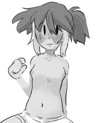 1girls black_and_white blush fan_(ii) female female_only flat_chest greyscale humanized inanimate_insanity kint kinto-bean looking_at_viewer monochrome nipples no_color object_show object_shows ponytail rule_63 small_breasts solo sweat topless white_background