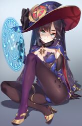 92m azure_eyes black_hair cameltoe female genshin_impact grey_background heels leotard long_hair mona_(genshin_impact) no_bra pantyhose petite sitting small_breasts stockings witch witch_hat