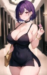 1girls 
condom_in_hand ai_generated breasts cleavage condom dress female hips holding_object huge_breasts indoors light-skinned_female light_skin original original_character purple_hair short_dress short_hair slim_waist stable_diffusion stuffyai thick_thighs thighs wide_hips