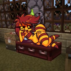 1:1 :3 antennae anthro bee bee_(minecraft) commission female flat_chest half-closed_eyes hand_on_hip hi_res ichduhernz looking_at_viewer lying minecraft seductive solo stinger stripes wide_hips yellow_eyes