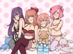 2018 4girls artist_name artist_signature bad_id bad_pixiv_id bare_shoulders blue_eyes boobs bow bow_panties breasts cleavage collar date doki_doki_literature_club female female_focus female_human female_only green_eyes healed_scars heart holding holding_object holding_plush holding_plushie human human_female human_focus long_hair maddychwanart matching_hair/eyes matching_hair_and_eye_color matching_hair_and_eyes matching_underwear monika_(doki_doki_literature_club) natsuki_(doki_doki_literature_club) necklace object panties pink_bra pink_eyes pink_hair pink_panties plush plushie polka_dot polka_dot_background purple_eyes purple_hair sayori_(doki_doki_literature_club) scar scars short_hair signature socks strawberry_blonde_hair year yuri_(doki_doki_literature_club) マディ