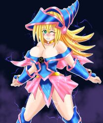 1girls big_breasts blonde_hair dark_magician_girl electric electric_shock electricity electrocution electrostimulation ryona shock shocked shocking sparks yu-gi-oh!_duel_monsters