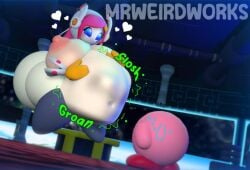 1boy 1girls alien_girl blue_eyes breasts_bigger_than_head floating_hands heart huge_ass huge_breasts huge_thighs kirby kirby_(series) mrweirdworkz nintendo patting_belly pink_hair pink_skin stomach_noises struggling_prey susanna_patrya_haltmann susie_(kirby) vore worried