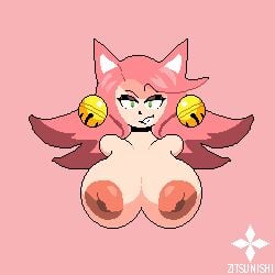 1girls 2d 2d_(artwork) 2d_artwork animal_ears bells big_breasts breasts cat_ears catgirl color green_eyes hair_ornament looking_at_viewer mad_mew_mew mew_mew_(undertale) mew_mew_kissy_cutie nekomimi pink_hair pixel_art simple_background smile solo solo_female solo_focus tagme uncensored uncensored_breasts undertale undertale_(series) watermark zitsunishi