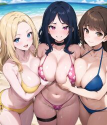 3girls ai_generated bikini black_hair blonde_hair blue_eyes blush breast_grab breasts brown_eyes brown_hair cleavage female hi_res huge_breasts light-skinned_female light_skin long_hair looking_at_viewer original original_character outdoors purple_eyes smile stable_diffusion stuffyai