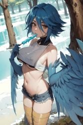 ai_generated avian big_breasts bird_girl bird_wings blue_hair breasts feathered_wing furr_app harpy looking_at_viewer lstt medium_breasts midriff monster_girl monster_musume_no_iru_nichijou papi_(monster_musume) pettanko short_shorts shorts thighs underboob wings