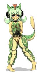 antennae_(anatomy) anthro caterpie clothing feces female floofykinkumiho generation_1_pokemon green_hair hair headphones hi_res nintendo pokemon pokemon_(species) scales scat shirt solo tail tank_top topwear yellow_body yellow_skin