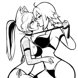 2023 2girls ahoge animal_ear_piercing animal_ears arm_tattoo bikini black_and_white black_bikini blush borrowed_character breasts cat_ears catgirl character_request collar commission kissing leash lipstick_mark lipstick_on_breast lipstick_on_stomach lipstick_on_thighs medium_hair open_mouth original piercing ponytail short_hair side-tie_bikini studded_collar tagme tattoo tekona thighhighs tongue tongue_kiss tongue_out white_hair yuri