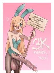 1futa balls big_penis blonde_hair blush breasts bunnysuit clothed clothing crying cum english_text erection follower_celebration futa_only futanari huge_cock human light-skinned_futanari light_skin long_hair milestone_celebration mostly_clothed nervous oc original_character panzermeido penis precum secunduspublius solo standing text thank_you