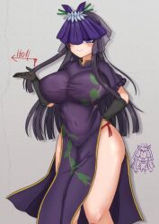 1girls big_breasts black_hair chinese_dress clothed_female covered_eyes hat light-skinned_female long_gloves long_hair purple_eyes thick_thighs thighs touhou unfinished_dream_of_all_living_ghost we_(bose-f) white_background yomotsu_hisami