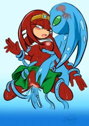 blue_eyes blush bodily_fluids breasts chaos_(sonic) clothing dawnelle echidna female fur genitals gradient_background green_eyes mammal monotreme nipples penetration pussy red_body red_fur sega simple_background sonic_(series) sonic_adventure sonic_the_hedgehog_(series) tears tentacle tentacle_penetration tikal_the_echidna vaginal_penetration