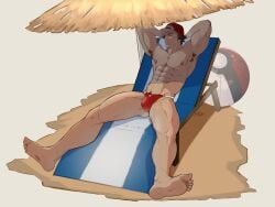 1boy abs armpit_hair armpits arms_behind_head beach_ball beach_chair beach_umbrella brown_hair bulge cap closed_eyes deck_chair g-string gay golewdgo male muscular_arms muscular_male muscular_thighs pecs pokeball pokemon pokemon_adventures red_(pokemon) resting sand solo swimwear under_umbrella v-line