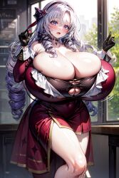 1girls ai_generated alternate_breast_size bare_shoulders black_gloves black_hairband breast_expansion bursting_breasts classroom cleavage curvy detailed_background drill_hair full-face_blush gigantic_breasts huge_breasts hyakumantenbara_salome long_sleeves looking_down motion_lines narrow_waist nijisanji open_mouth parted_bangs purple_eyes red_dress ribbon shiny_hair skindentation stable_diffusion surprised sweat tattoo taut_clothes thick_thighs undersized_clothes virtual_youtuber wide_hips xenomon