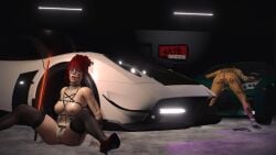 2girls body_writing car cum_covered grand_theft_auto_v mary_mushkin mayumi_himura multiple_girls nissan nissan_gtr nopixel pagani_huayra