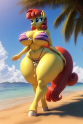 ai_generated amber_eyes anthro apple_bloom_(mlp) beach big_breasts bikini child_bearing_hips cleavage cum cum_leaking fur furry gigantic_hips gigantic_thighs hasbro hips_wider_than_shoulders hooves my_little_pony navel outdoors pony pony_ears red_hair stable_diffusion standing striped_bikini tail unrealistic_proportions voluptuous walking wgenjoyr4539 wide_hips yellow_body yellow_fur