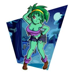 1girls big_breasts breasts female female_only green_body green_hair leaning_forward lipstick looking_at_viewer red_eyes rottytops rotzedust shantae smile smiling smiling_at_viewer smug solo thick_thighs undead wayforward wink zombie zombie_girl