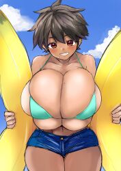 banana bikini_top brown_hair curvaceous female gigantic_breasts huge_breasts looking_at_viewer mole_on_breast ohanachan original original_character short_hair skimpy_clothes smiling squeezing_breast sweat sweatdrop thick_thighs tomboy