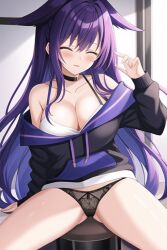 ai_generated ai_hands breasts closed_eyes fenthefox furry_ears hoodie panties purple_hair raine