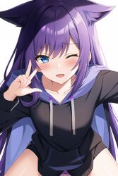 ai_generated blue_eyes blush fenthefox furry_ears hoodie one_eye_closed purple_hair raine selfie