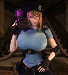 1girls 3d 3d_(artwork) alternate_breast_size belt beret bimbo blonde_hair breasts_bigger_than_head busty clothed clothed_female elbow_pads female female_only female_solo fingerless_gloves gigantic_breasts gun holding_gun holding_object holding_weapon huge_breasts jill_valentine_(cosplay) looking_at_viewer metroid pants resident_evil samus_aran solo solo_female vaako weapon