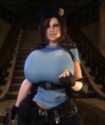 1girls 3d 3d_(artwork) alternate_breast_size belt beret breasts_bigger_than_head brown_hair bulletstorm busty clothed clothed_female elbow_pads electronic_arts epic_games female female_only fingerless_gloves gigantic_breasts gun holding_gun holding_object holding_weapon huge_breasts human human_female jill_valentine_(cosplay) looking_at_viewer pants people_can_fly resident_evil resident_evil_3 solo solo_female trishka_novak vaako weapon