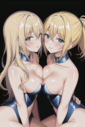 2girls ai_generated blonde_hair blue_eyes blush female female_only fenthefox green_eyes multiple_girls pressing_breasts_together tagme yuri