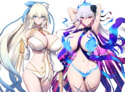 2girls alternate_version_available blue_eyes breasts commission fate/grand_order fate_(series) female hi_res hips huge_breasts kama_(fate/grand_order) kama_(swimsuit_avenger)_(fate) light-skinned_female light_skin long_hair morgan_le_fay_(fate) naughty_face red_eyes shiroshisu simple_background smile swimsuit thick_thighs thighs white_hair wide_hips