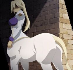 ass blonde_hair breasts centaur centauress classroom_for_heroes clothing large_ass large_breasts looking_back monster_girl screencap screenshot stitched