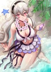 1girls alternate_costume anklet barefoot bikini breasts cleavage collar corrin_(female)_(fire_emblem) corrin_(female)_(summer)_(fire_emblem) corrin_(fire_emblem) female female female_only fire_emblem fire_emblem_fates fire_emblem_heroes flower flower_necklace frilled_bikini frills highres jewelry large_breasts lei long_hair looking_at_viewer multicolored_bikini multicolored_clothes nintendo official_alternate_costume partially_submerged pointy_ears purple_bikini red_eyes seashell shell sitting smile snow20200 solo starfish swimsuit white_bikini white_hair white_swimsuit