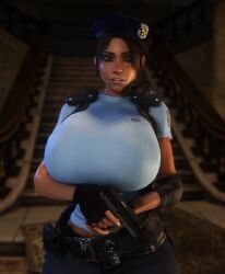 1girls 3d 3d_(artwork) alternate_breast_size belt beret breasts_bigger_than_head clothed clothed_female elbow_pads female female_only female_solo fingerless_gloves gigantic_breasts gun holding_gun holding_object holding_weapon huge_breasts jill_valentine_(cosplay) looking_at_viewer pants resident_evil resident_evil_5 sheva_alomar solo solo_female vaako weapon