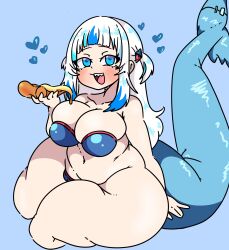 1girls belly big_breasts big_tail bikini blue_background blue_bikini blue_eyes breasts fat female female_focus female_only gawr_gura heart hololive hololive_english hololive_myth huge_tail inakotho large_breasts looking_at_viewer pizza plump shark_girl shark_tail sitting_on_floor smile thick_thighs thighs virtual_youtuber white_hair wide_hips