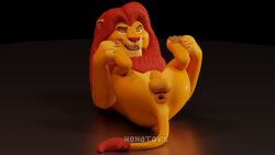 3d_(artwork) animal_genitalia animal_penis anus backsack balls black_background black_lips claws digital_media_(artwork) disney fangs felid feral fur genitals hi_res holding_feet legs_up lion lips male mammal mane mufasa nonotoys pantherine pawpads penis pinup pose puffy_anus red_body red_fur simple_background smile solo tail teeth the_lion_king