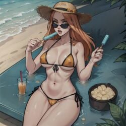 ai_generated bao beach bikini cameltoe drink eating hard_nipples popsicle sitting straw_hat tokyo_revengers yuzuha_shiba