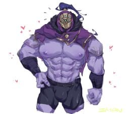 1boy 2023 abs bara barazoku biceps big_bulge bulge gay hi_res highres huge_bulge league_of_legends looking_at_viewer male male_focus male_nipples male_only manly muscles muscular muscular_arms muscular_legs muscular_male muscular_thighs nipples pecs penis purple_body purple_skin riot_games saijax_cail-rynx_kohari_icath'un solo solo_male