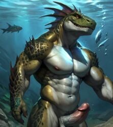 1boy abs ai_generated anthro bara big_muscles big_pecs bubble daddy dilf fin fish gay green_body lizard male male_only marine muscular muscular_anthro muscular_male nipples nude pecs penis solo teodosio_iart underwater water white_body yaoi