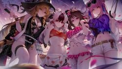 16:9 4girls accessory animal_ears arknights barefoot belly big_breasts bikini bikini_bottom bikini_top binggong_asylum black_one-piece_swimsuit black_swimsuit bracelet breasts brown_hair ceylon_(arknights) chest cleavage clenched_teeth clothed disgust disgusted disgusted_look drill_hair exposed_belly eyjafjalla_(arknights) eyjafjalla_(summer_flowers)_(arknights) fan female female_only flower_in_hair frilled_bikini green_eyes grimace hair_buns hat highres hips holding_fan holding_umbrella horns legs light-skinned_female long_hair looking_at_another looking_at_viewer magenta_eyes midriff multicolored_hair nail_polish nails navel necklace one-piece_swimsuit orange_hair pov red_eyes shadow_over_eyes sheep_ears shorts sky snowsant_(arknights) standing stomach sunglasses sunglasses_on_head swimsuit swire_(arknights) swire_the_elegant_wit_(arknights) thigh_strap thighs umbrella wallpaper wet_skin white_background yellow_eyes