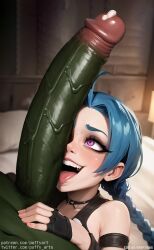 1boy 1girls 2023 ahe_gao ai_generated ai_penis begging blue_eyebrows blue_hair clothed_female cock_worship edit fingerless_gloves green-skinned_male green_skin huge_cock imminent_blowjob imminent_oral interspecies jinx_(league_of_legends) large_penis league_of_legends licking licking_penis light-skinned_female light_skin male/female massive_penis orc orc_male penis_awe penis_on_face penis_worship pink_eyes precum pubic_hair puffyart smile smiling tagme third-party_edit tongue tongue_out vein veins veiny_penis worship