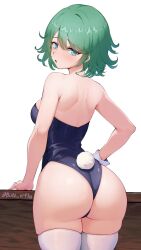 1girls ass bare_shoulders big_ass big_butt blush breasts bunny_ears bunny_tail bunnysuit butt_erf1y choking clenched_teeth curly_hair female green_eyes green_hair large_ass looking_at_viewer one-punch_man short_hair shortstack simple_background small_breasts smaller_female solo solo_female standing stockings tatsumaki thick_thighs thighhighs thighs tsundere