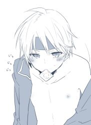 1boy blush condom condom_wrapper monochrome nipples partially_clothed puyo_puyo schezo_wegey white_hair