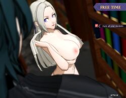 1boy 1girls 3d breasts byleth_(fire_emblem) byleth_(fire_emblem)_(male) completely_nude edelgard_von_hresvelg english_text female female_focus fire_emblem fire_emblem:_three_houses gameplay_mechanics grey_hair htr18 imminent_sex indoors large_breasts library long_hair male nintendo nipples nude nude_female purple_eyes smile solo_focus student teacher teacher_and_student text